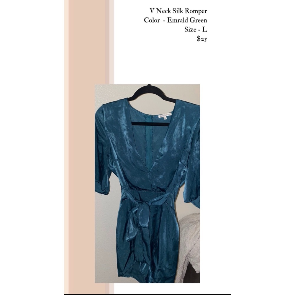 Emerald Green V Neck Silk Romper with Waist tie